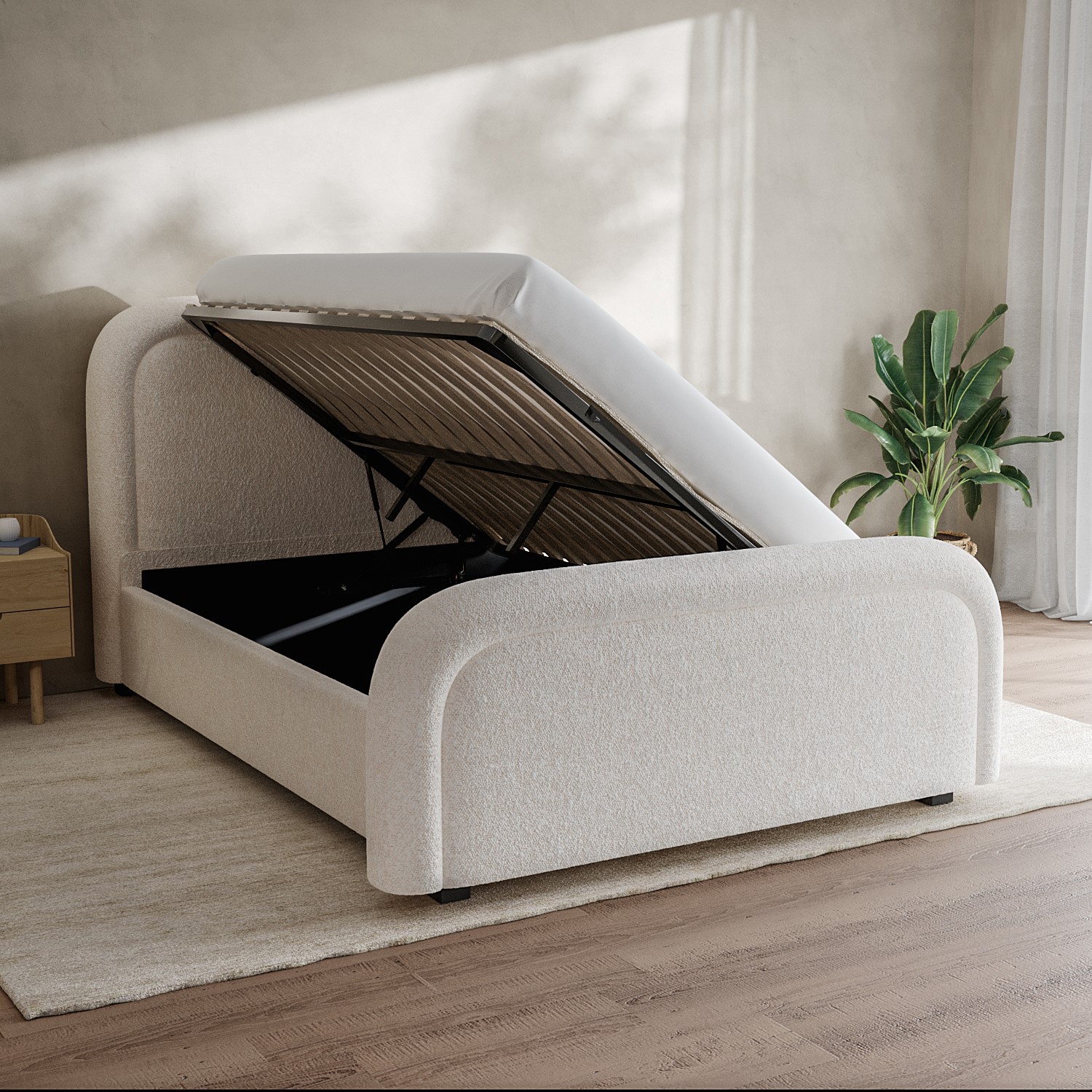 Read more about Off-white boucle double ottoman bed with curved headboard naomi